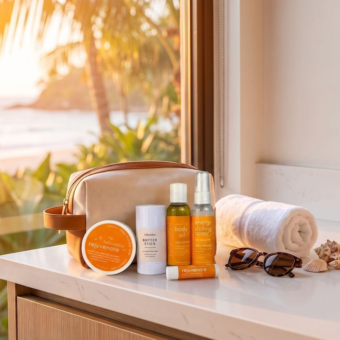 the deluxe vacay vibe in rejuvenate with a sunset background body scrub body butter stick body oil aromatherapy spray and lip butter 