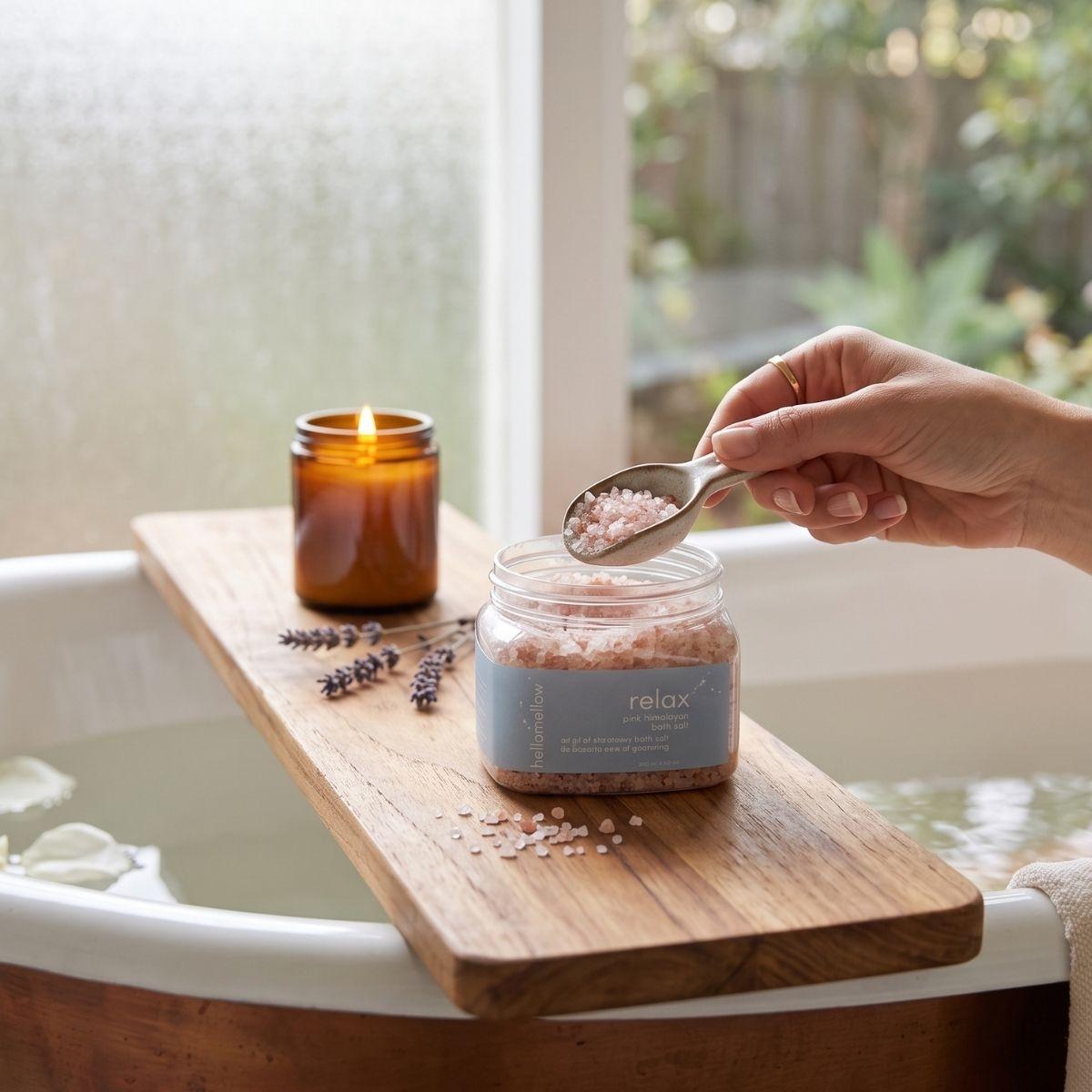 relax bath salt in a luxurious bathroom sitting on a wood plank above a warm bath