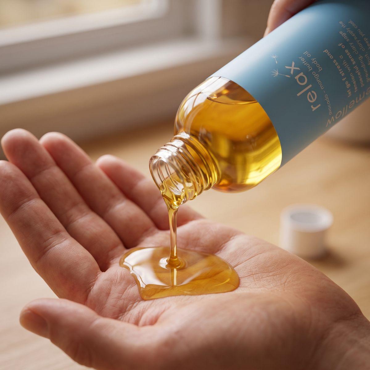 relax body oil pouring into an open palm with the bottle nearby
