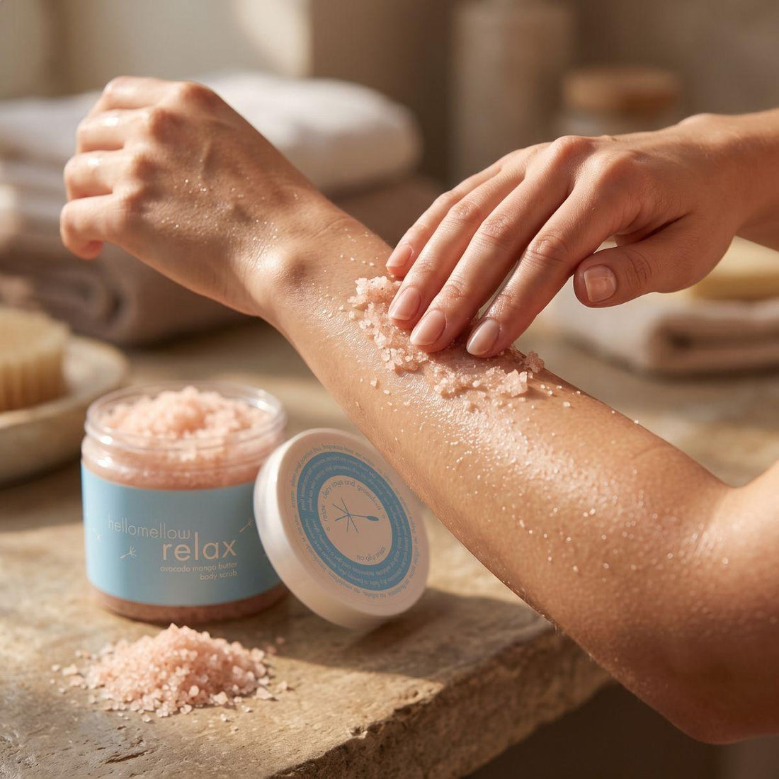 hands massaging relax body scrub onto damp skin in gentle circular motion