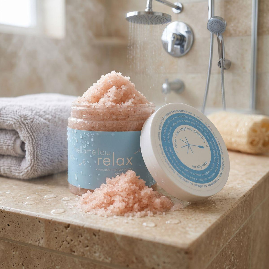 uplift body scrub on a shower ledge beside a folded towel