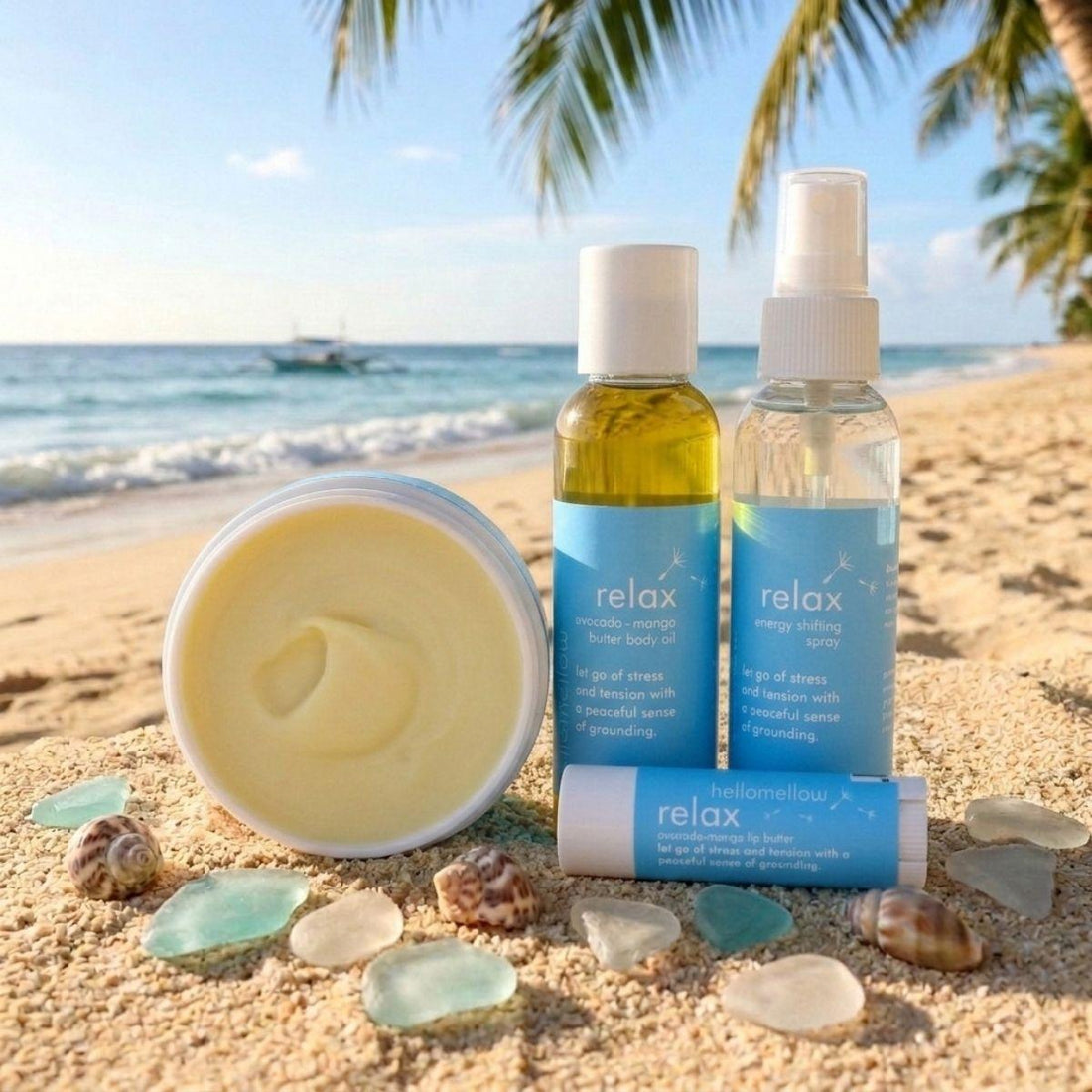 relax vacay vibe on a warm and sunny beach mini body oil, energy shifting spray, lip butter, and body butter 