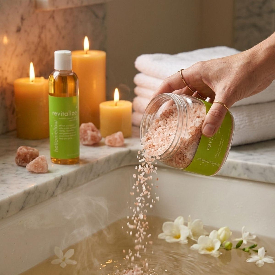 revitalize bath salt being poured into a warm bath tub with revitalize body oil sitting on the rim of the bath tub 
