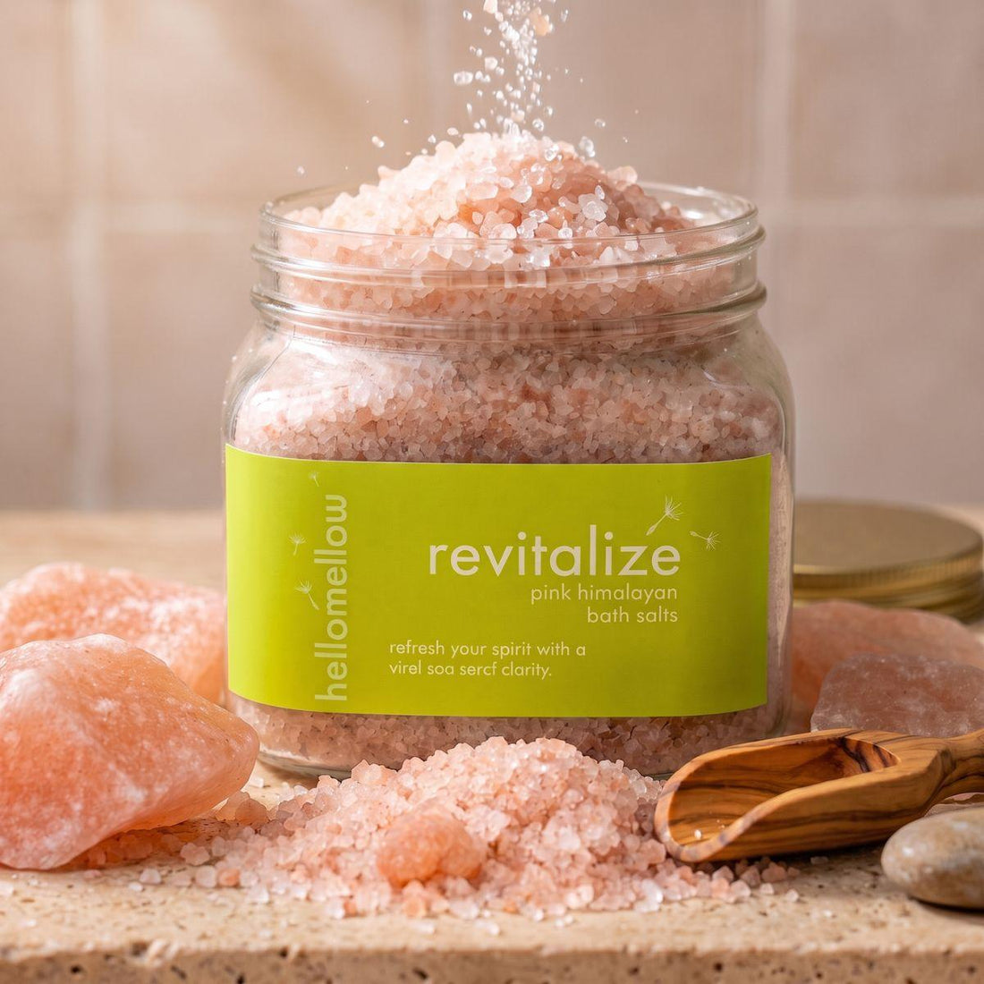 revitalize bath salts jar standing front-facing on a warm neutral surface