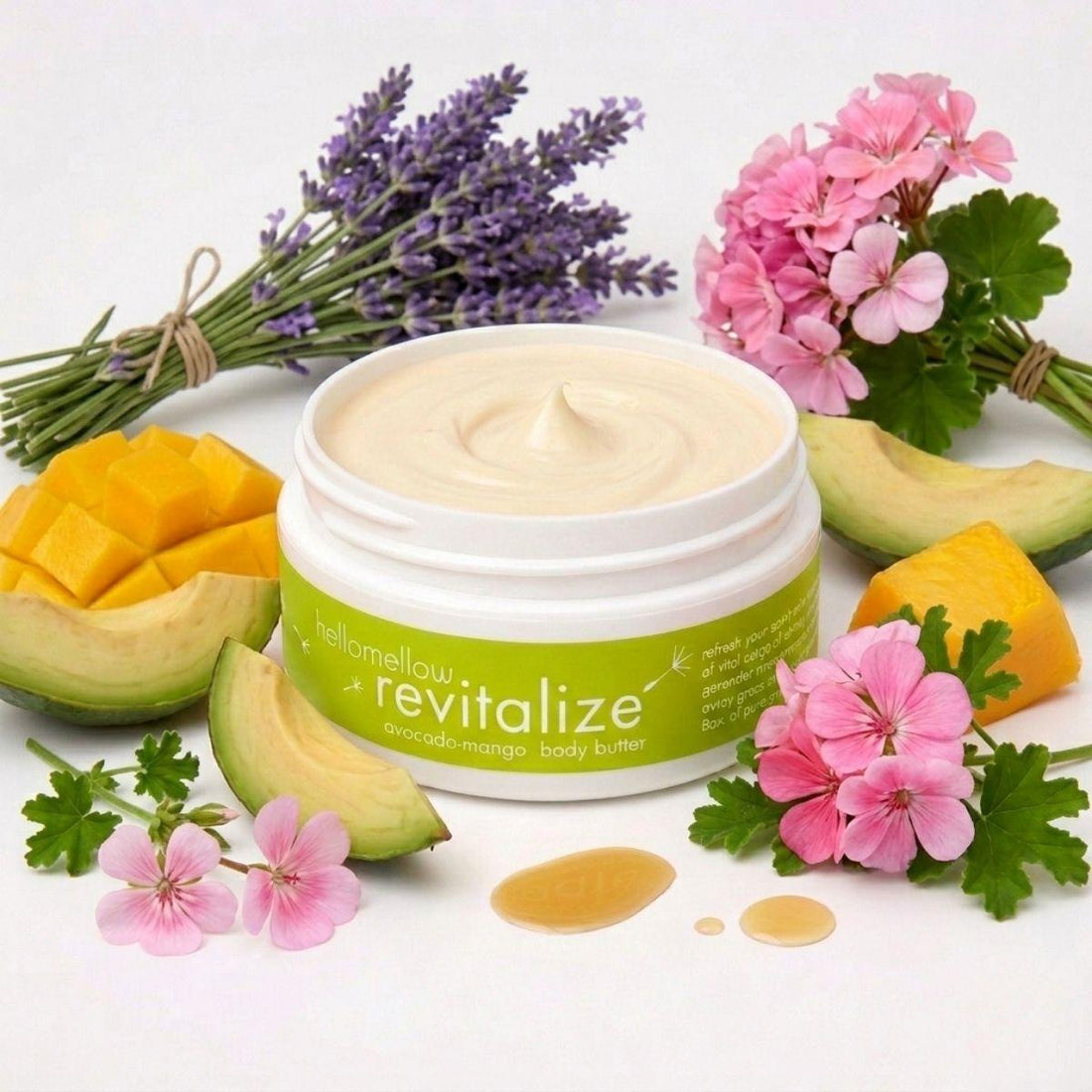 revitalize body butter against a white background surrounded by aromatherapy notes 