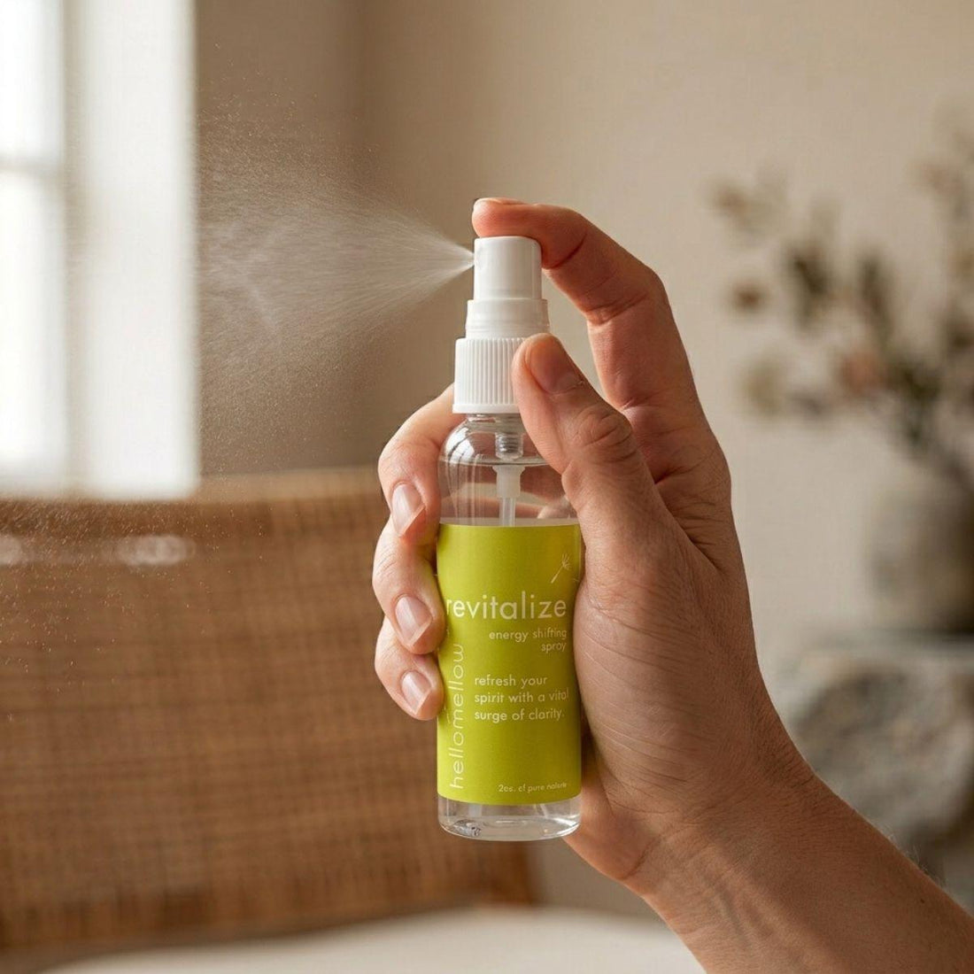hand spraying a fine mist from the revitalize energy shifting spray bottle