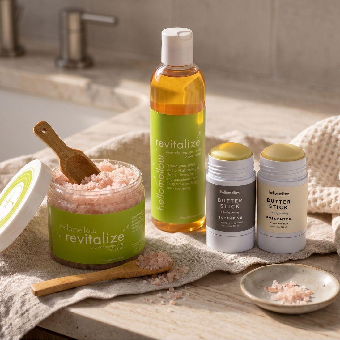 revitalize essential routine on a warm bathroom countertop