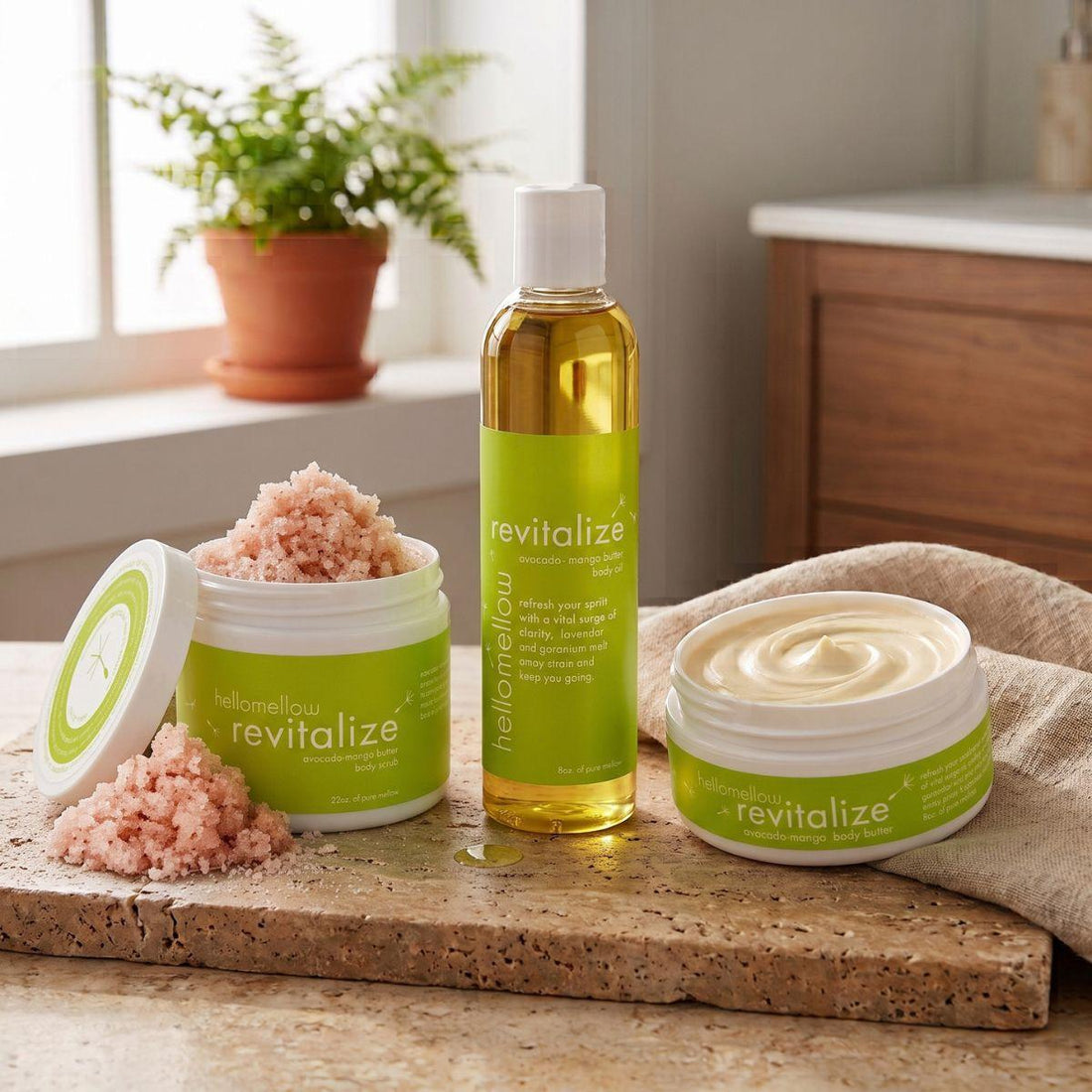 full revitalize essential routine photo with body scrub and body butter open 