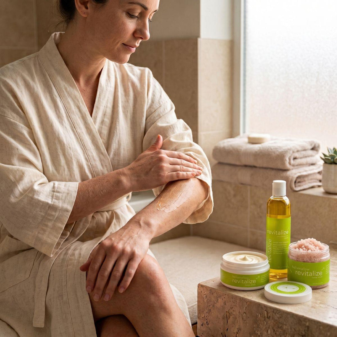 woman applying the body butter from a revitalize essential routine 