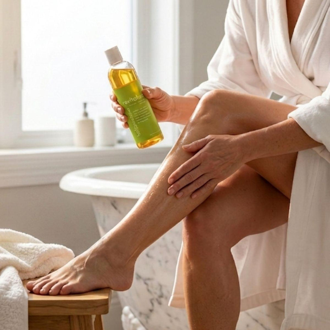revitalize body oil being applied to a womans leg 