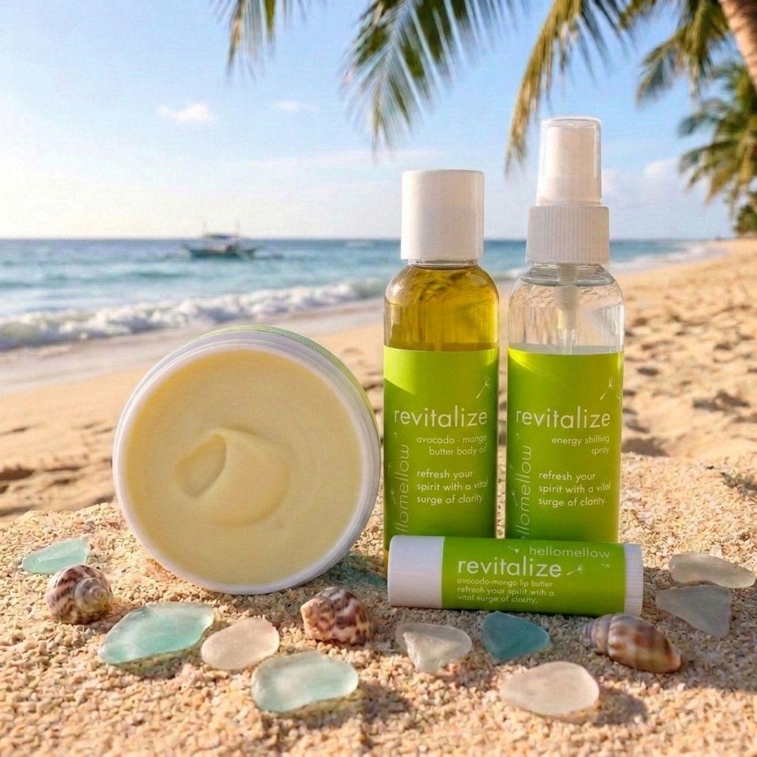 revitalize vacay vibe on a warm and sunny beach mini body oil, energy shifting spray, lip butter, and body butter 