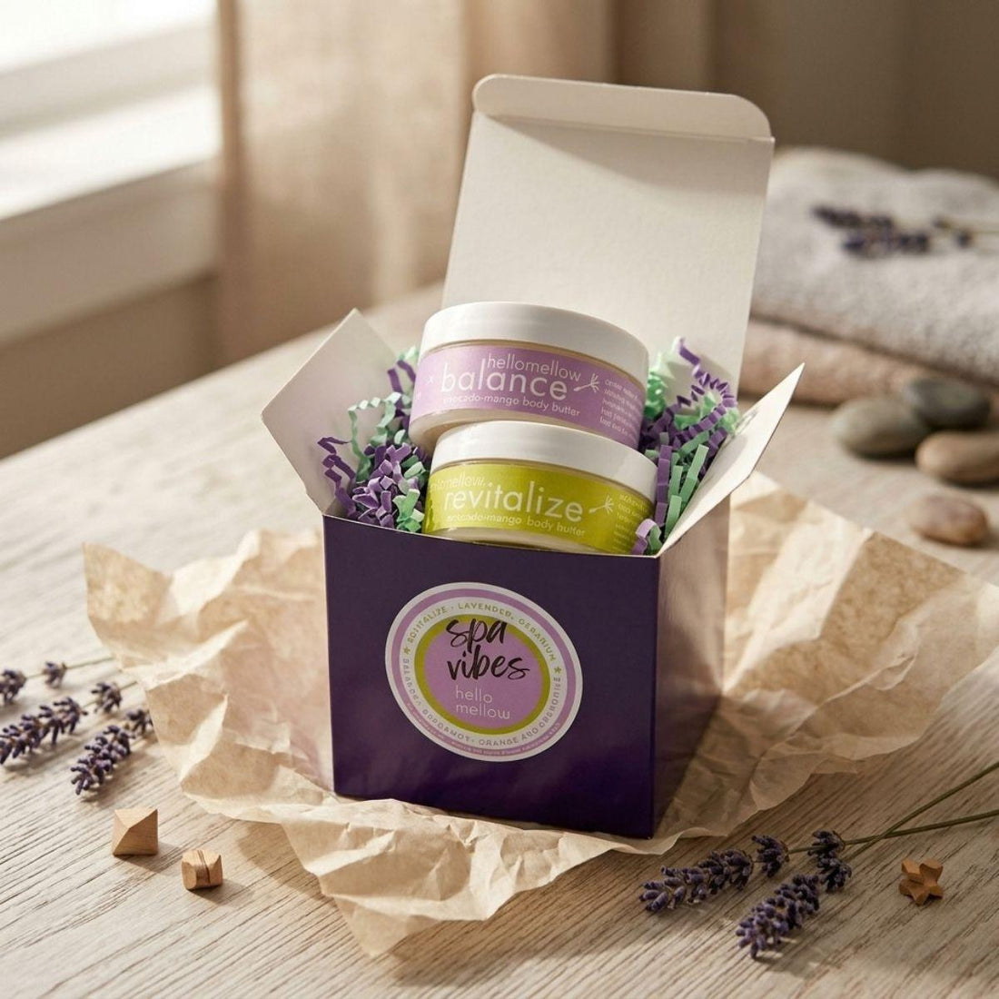 spa vibes butter set box open with revitalize and balance 2 oz butters 