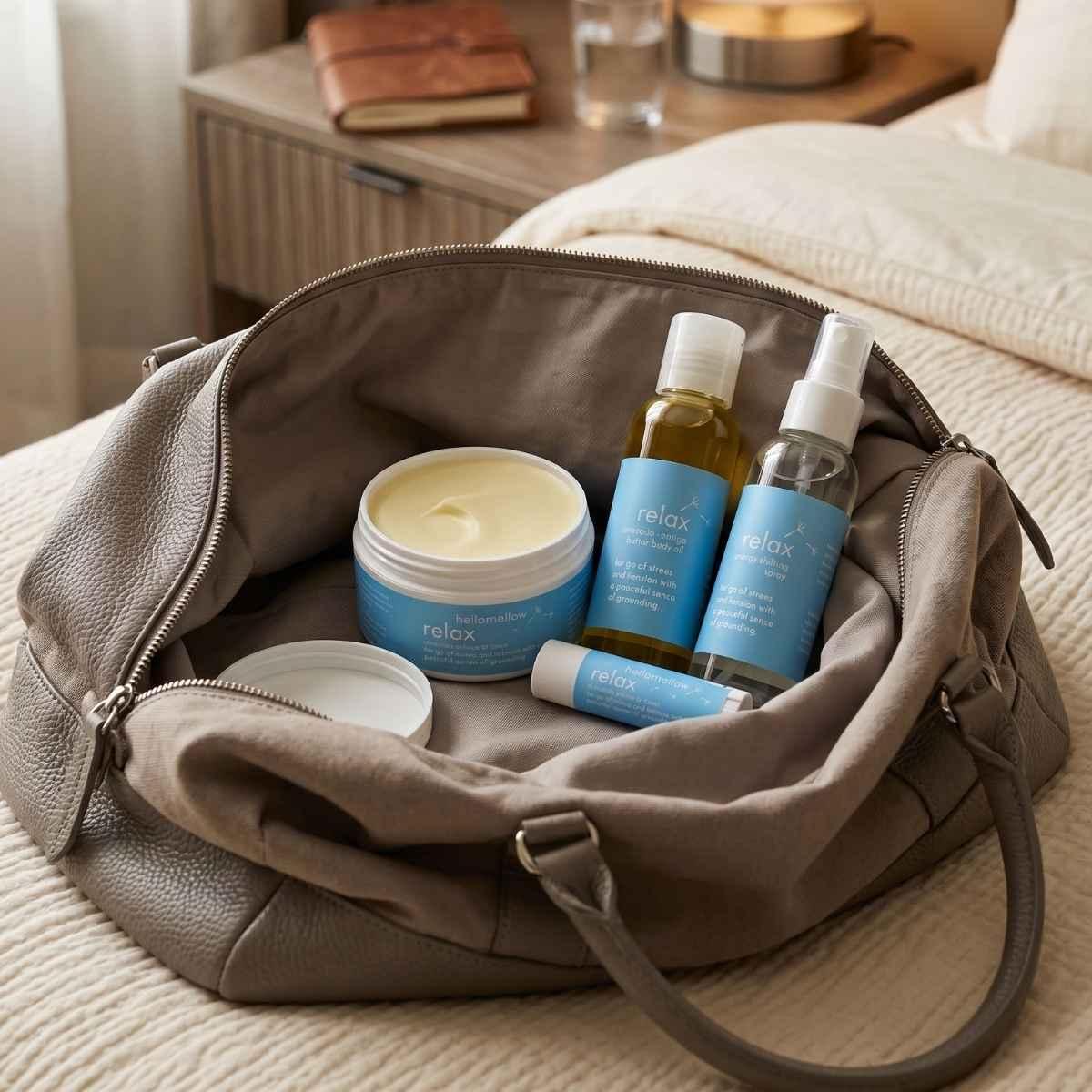 hellomellow travel-size favorites arranged in a weekender bag in a warm hotel room.