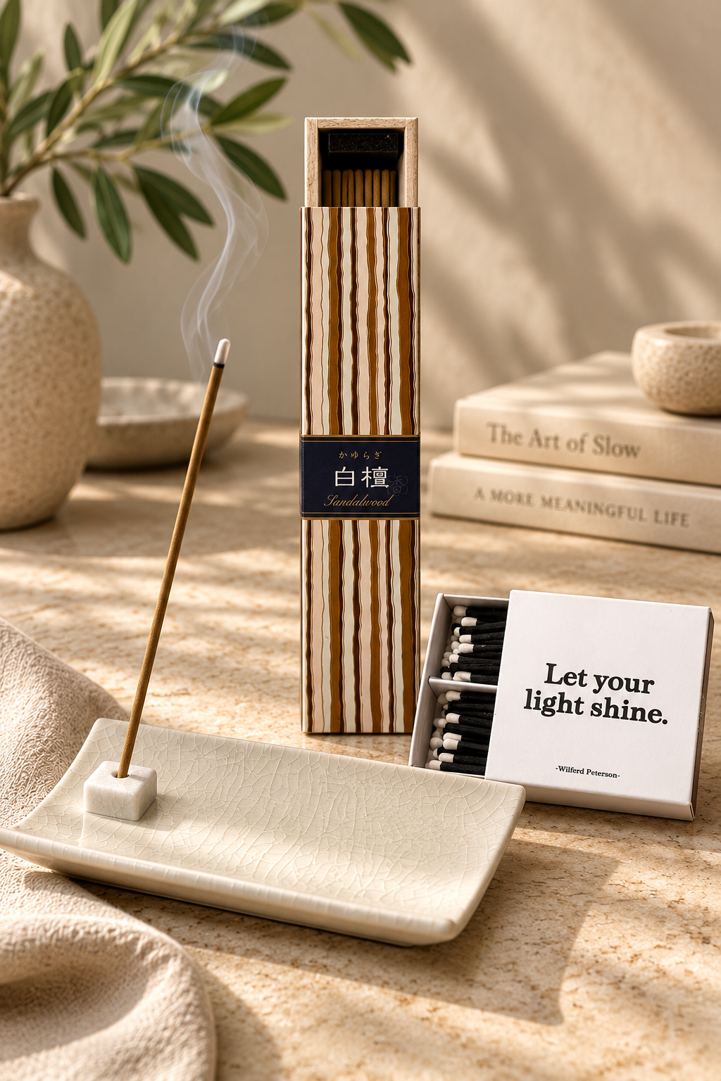 sandalwood incense with a white ceramic holder and inspirational matches on a warm neutral surface