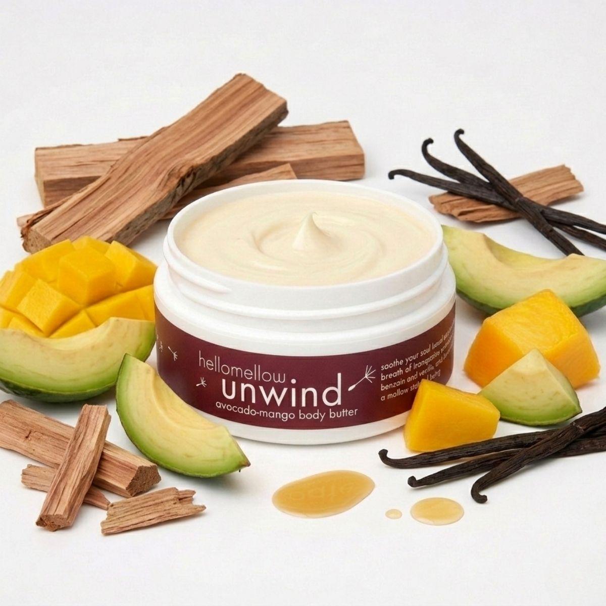 unwind body butter against a white background surrounded by aromatherapy notes 