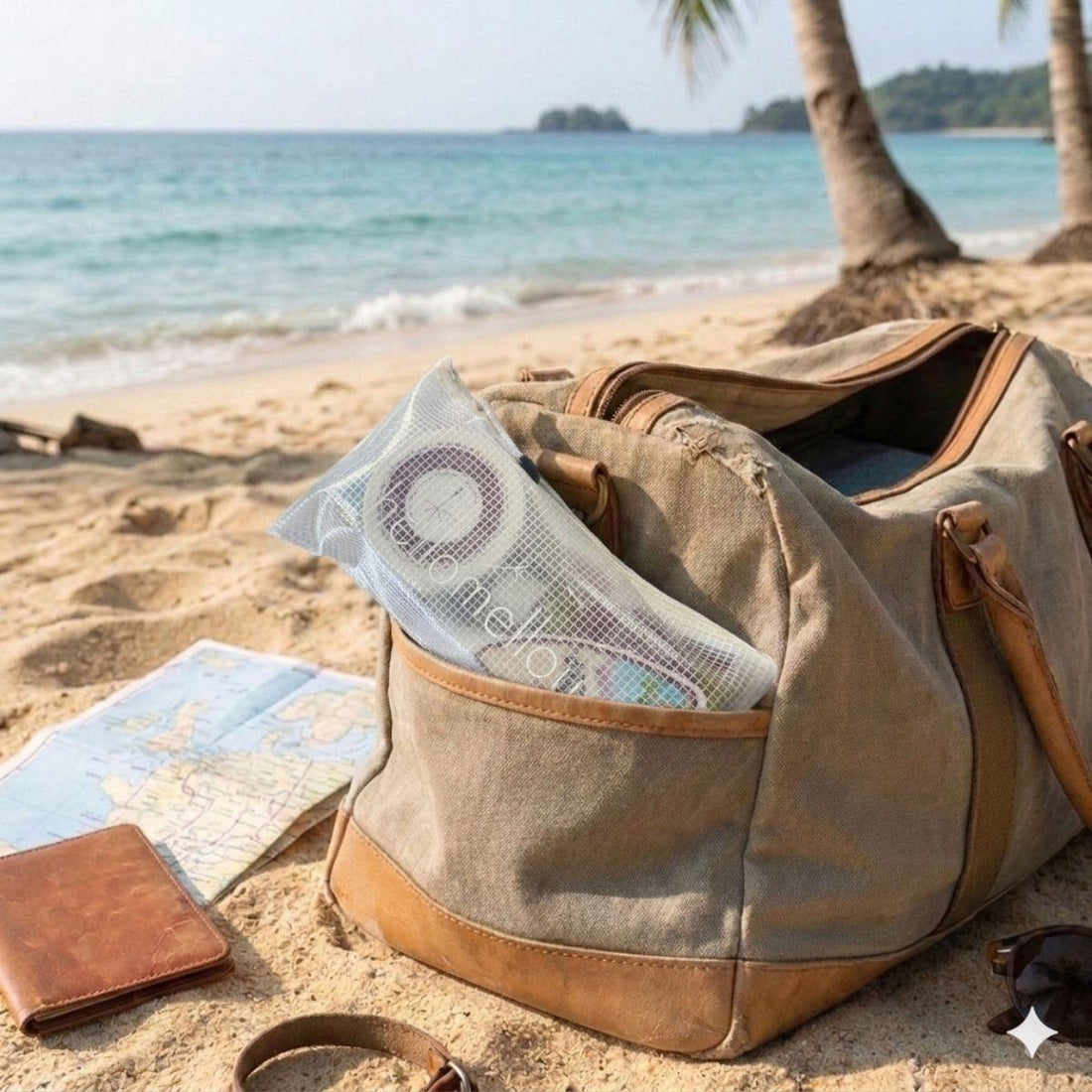 unwind vacay vibe inside of branded hellomellow bag in a beach bag on the beach