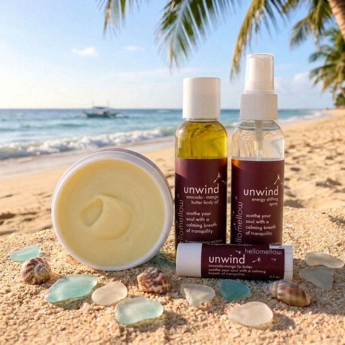 unwind vacay vibe on a warm and sunny beach mini body oil, energy shifting spray, lip butter, and body butter 