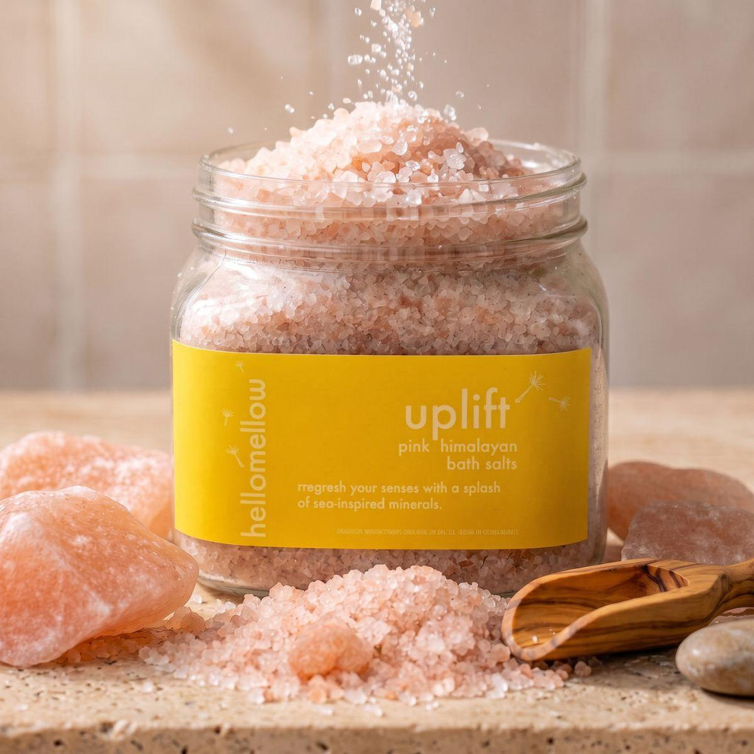 uplift bath salts jar standing front-facing on a warm neutral surface