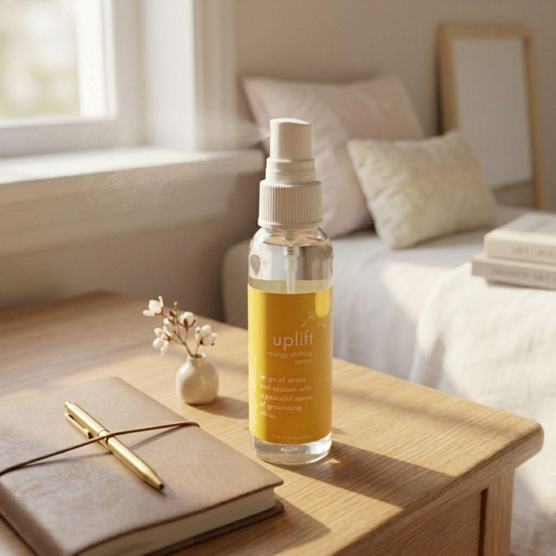 uplift energy shifting spray on a bedside table in a simple everyday setting