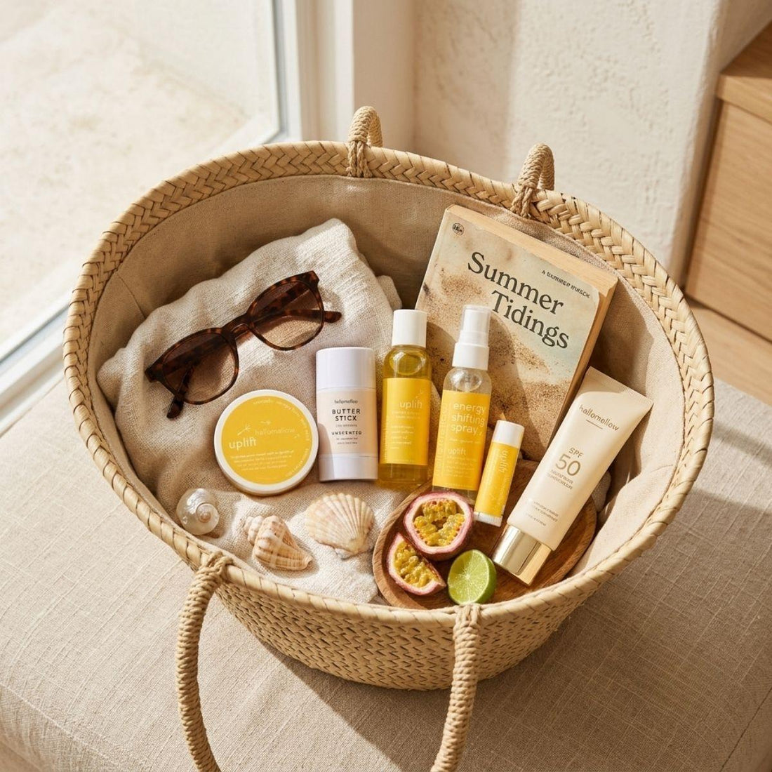 uplift deluxe vacay vibe in a cozy travel basket mini body scrub, one unscented body butter stick, mini body oil, mini energy shifting spray, lip butter pictured with a book sunglasses and sunscreen