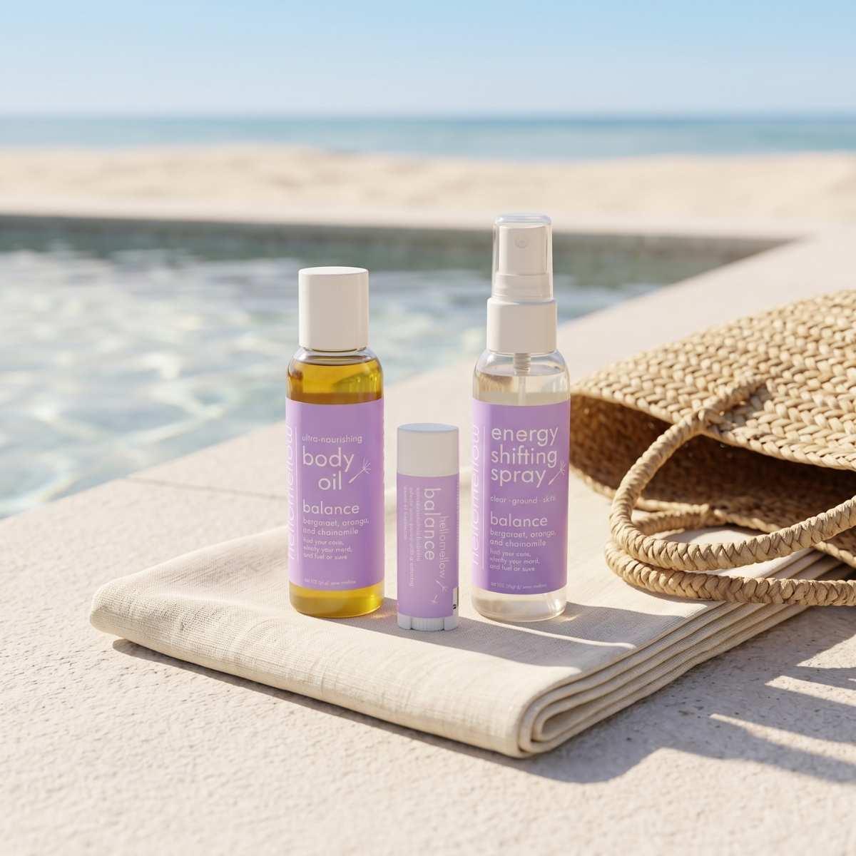 body butter and lip butter packed for a beach or pool day.