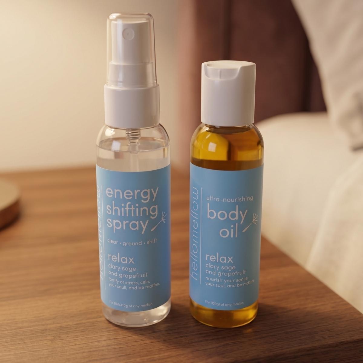 body oil and energy shifting spray styled in a calm hotel room travel moment.