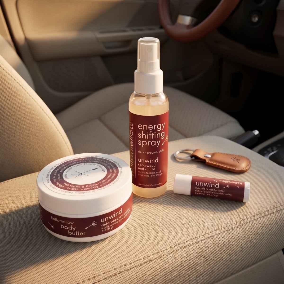 body butter, lip butter, and energy shifting spray packed for an easy road trip.