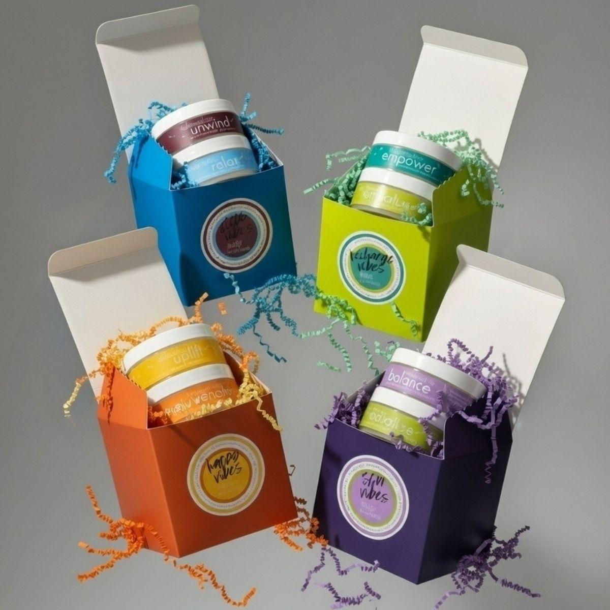 all vibe boxes floating around open with body butter jars exposed 