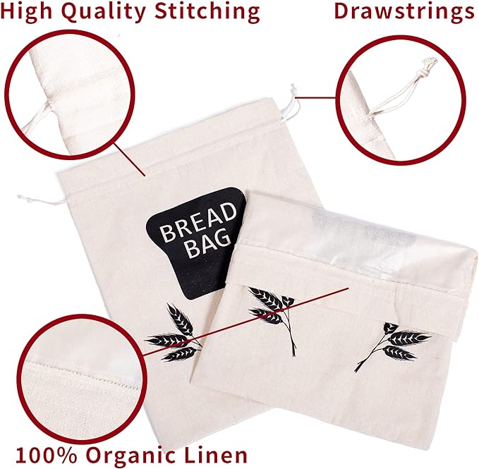 2 X Bread Bags for Homemade Bread -  Reusable Linen Cloth Saver Bag For Sourdough &amp; Homemade Bread Storage
